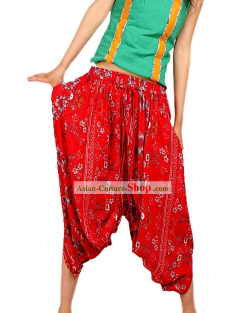 Exclusivo design Skirt florido Sorte Vermelho e Calças