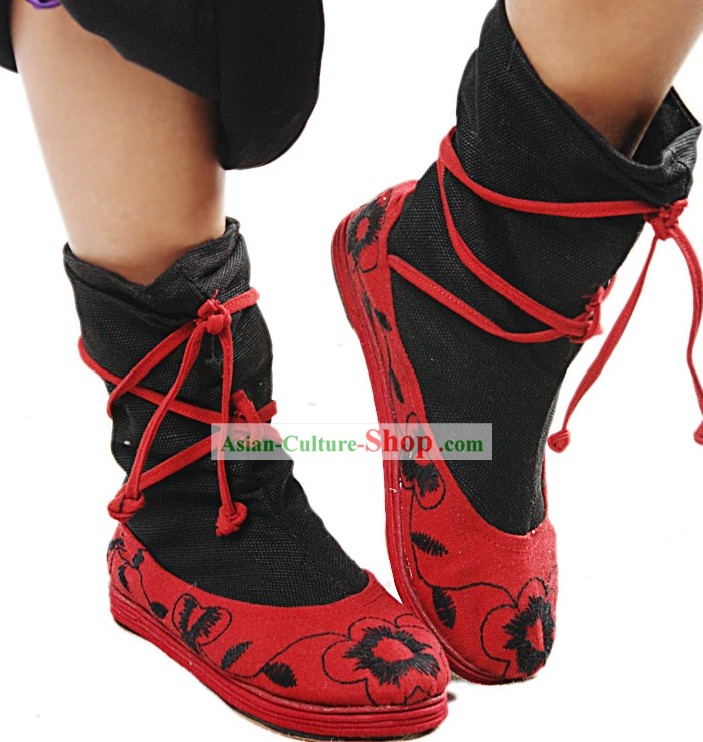 Handmade and Embroidered Lucky Red Long Cloth Boots