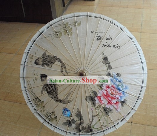 Traditional Chinese Hand Painting Beach, Rain and Sun Umbrella - Fish and Peony