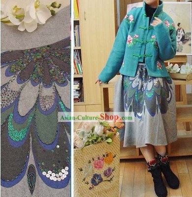 Supreme Chinese Traditional Handmade Wool Peacock Skirt