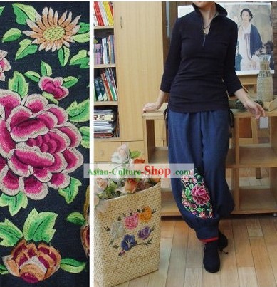 Supreme Chinese Handmade and Embroidered Peony Trousers