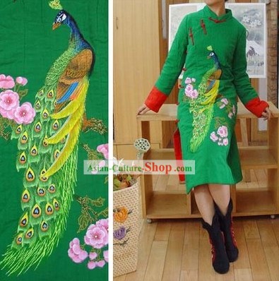 Mãos supremo chinês Verde Pavão Pintado Inverno Cotton Cheongsam