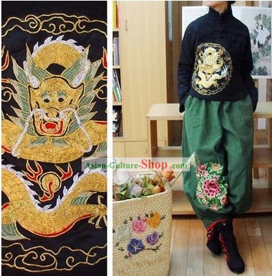 Supreme Chinese Black Hands Embroidered Dragon Cotton Blouse