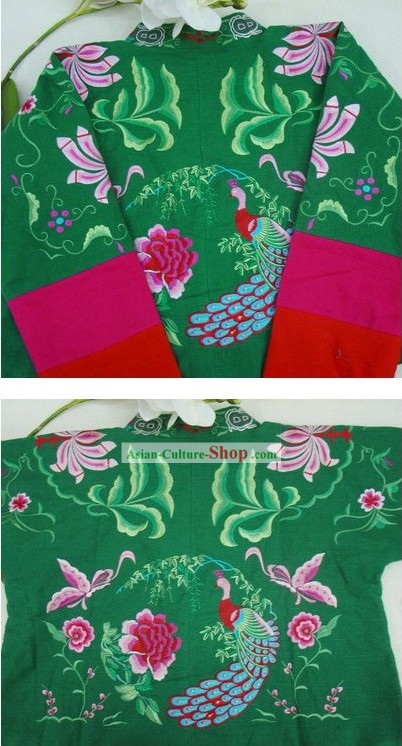 Supremo chinês Verde Flor e borboleta Jacket Cotton Inverno