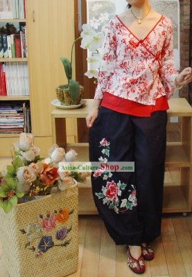 Chinês clássico bordado Cotton Peony grandes e calças de linho