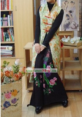 Chinês clássico Overcoat florido Handmade longo Cotton