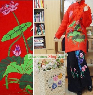 Chinês clássico bordado Grande Lotus Overcoat Inverno Cotton Longo