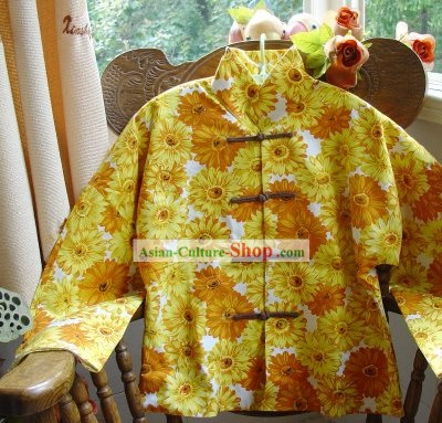 Chinese Mandarin Collar clássico girassol Blusa Cotton Campo