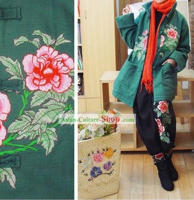 Chinês clássico Handmade longo Cotton Peony Overcoat Inverno Quente