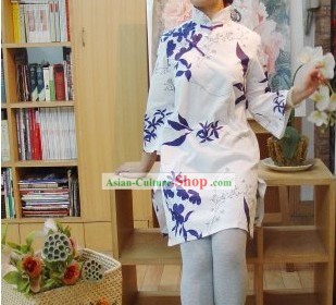 Tradicional Chinesa Mandarin Collar Blouse Cotton Longo