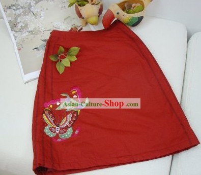 Chinese Traditional Hands Embroidered Butterfly Lucky Red Skirt