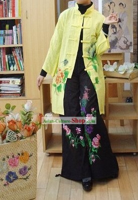 Supremo chinês Longa Mãos Yellow Jacket Painted Peony Cotton