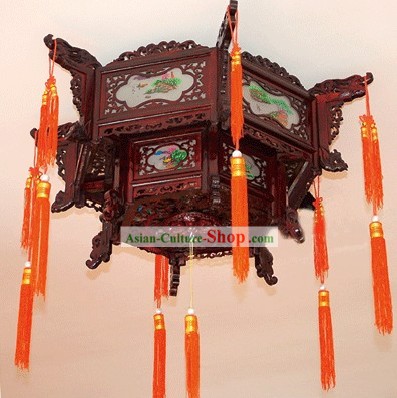 Large Traditional Chinese Hand Carved Natural Wood Two Layers Palace Lantern