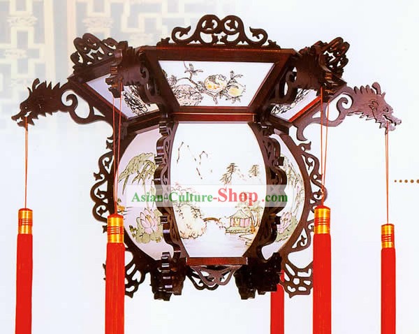 Main chinoise Fabriqué et sculpté en bois au plafond Lanterne Dragon - La peinture de paysage