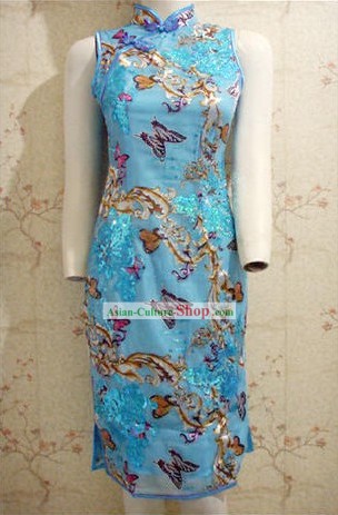 중국어 훌륭해 블루 Butterfuly 실크 Cheongsam (Qipao)