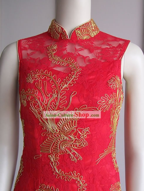 Superbe Mandarin Phoenix Gold Lucky Red cheongsam (qipao)