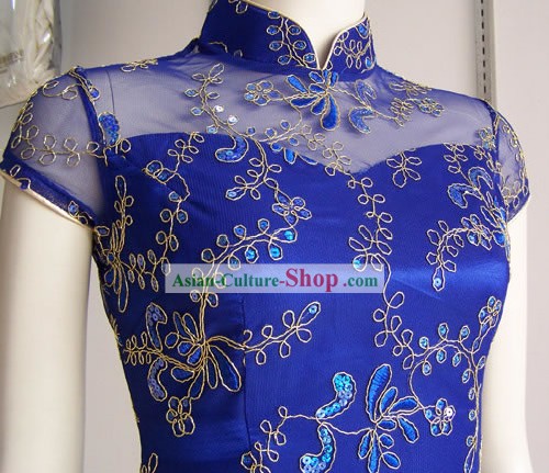 Mão deslumbrante Feitos Mandarin Ouro Floral Azul Cheongsam (Qipao)