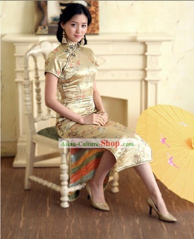 Chinese Classical Beige Phoenix and Dragon Pattern Cheongsam (Qipao)