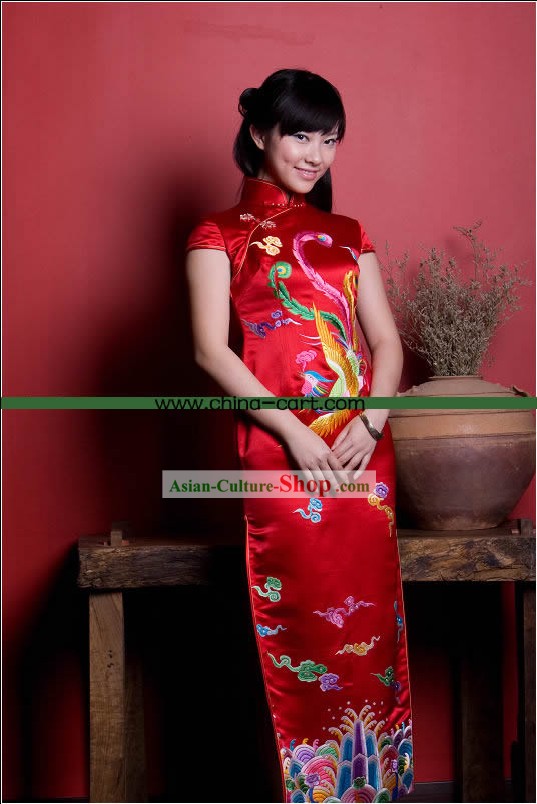 멋진 모든 핸드 자수 피닉스 레드 실크 롱 Cheongsam (Qipao)