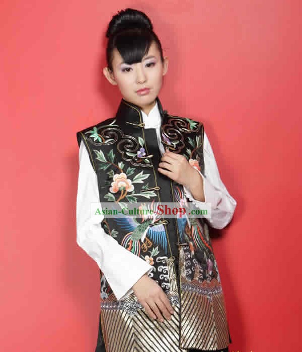 Stunning Supreme Chinese Mandarin All Hand Embroidery Phoenix Silk Cheongsam (black)
