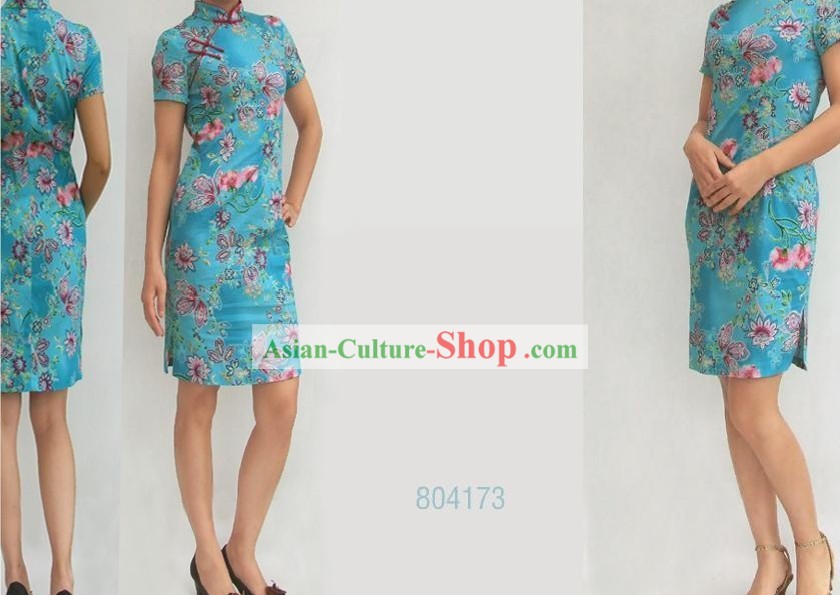 중국어 훌륭해 라이트 블루 나비와 꽃 Cheongsam (Qipao)