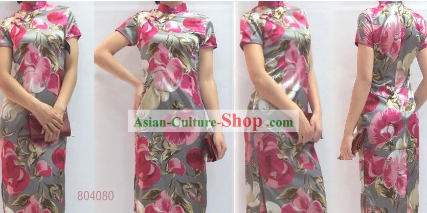 Chinois classique floral rose soie cheongsam (qipao)