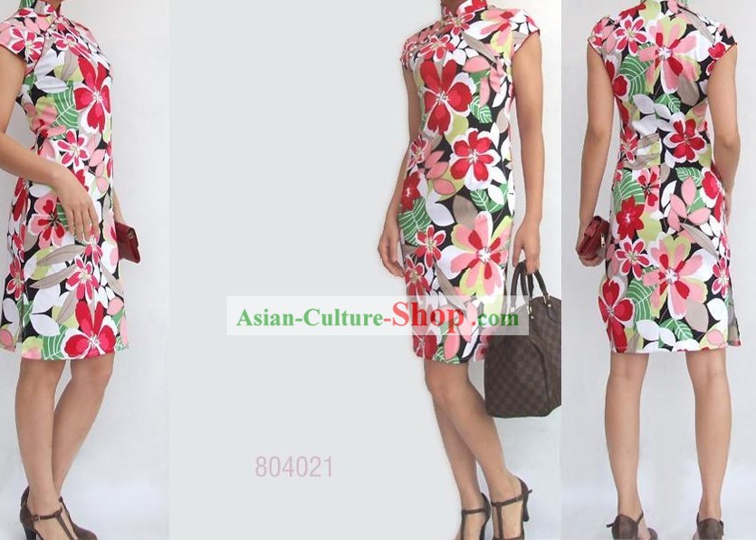 Chinese Mandarin Colorful Flower Cotton Cheongsam (Qipao)