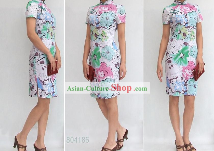 Chinese Stunning Three Colors Flower Cotton Cheongsam (Qipao)