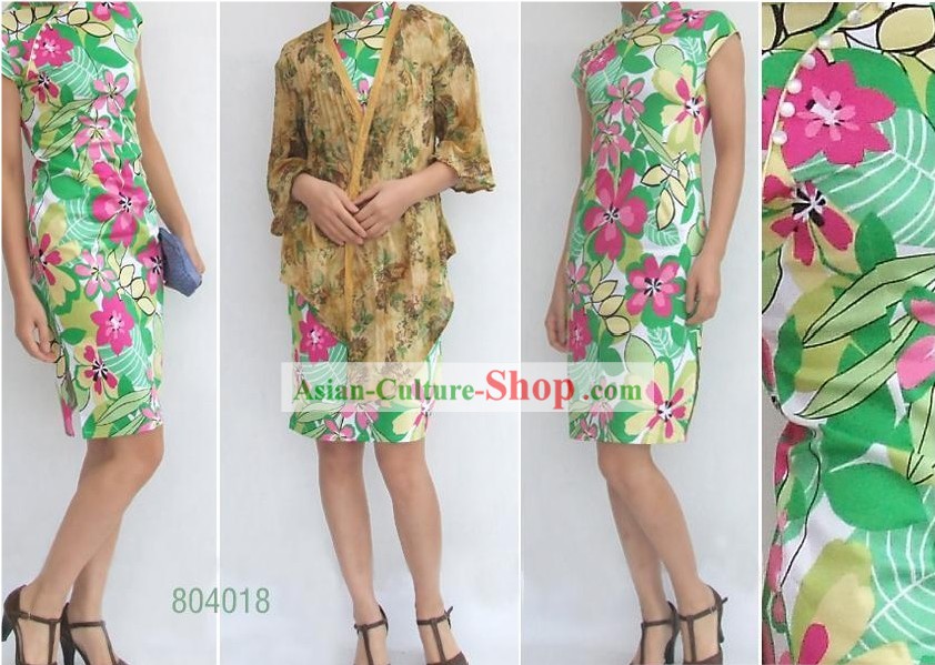 Chinese Traditional Mandarin Flower Green Cotton Cheongsam (Qipao)