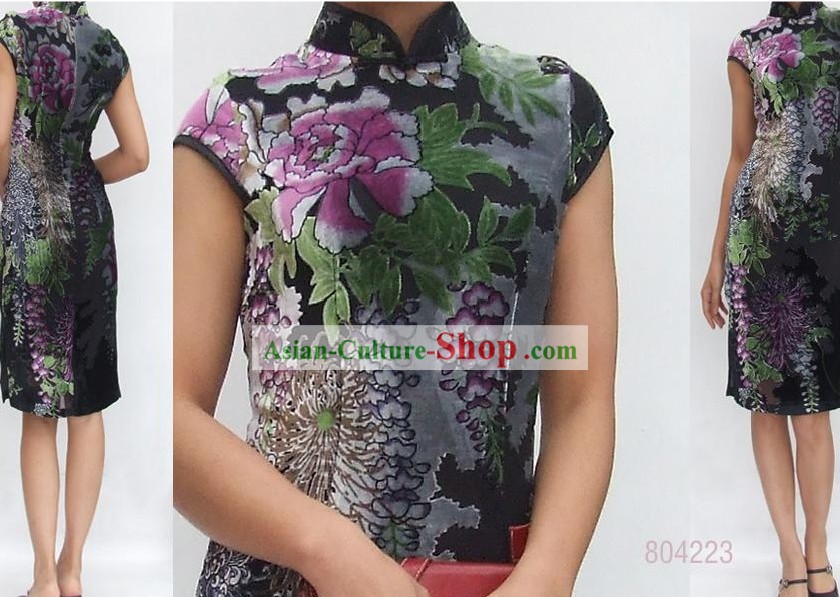 Tradicional Chinesa Mandarim Peony Silk Cheongsam (Qipao)