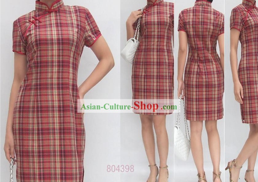 Chinese Traditional Mandarin Academism Cotton Cheongsam - Red Grid