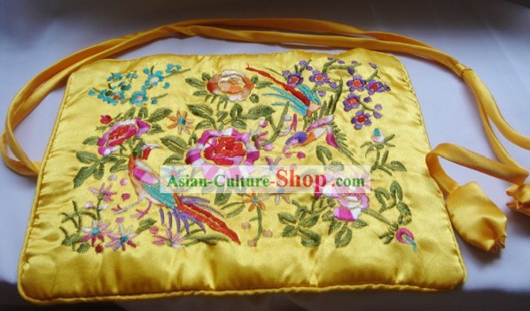 Chinese Traditional Gold Bird and Flower Embroidery Handbag