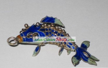 Prata Cloisonne Artesanato Tradicional Chinesa-Deep Goldfish Azul
