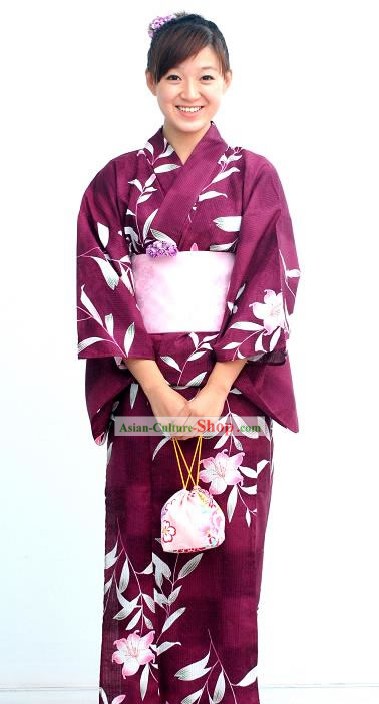 Traditional Purple Flowery Japanese Kimono Handbag and Geta Full Set