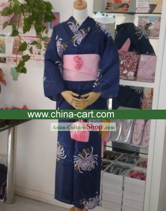 Azul tradicional crisântemo japonês Kimono Handbag e Geta Conjunto completo