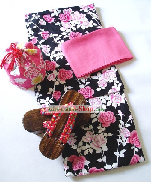 Tradicional japonês China Rose Handbag Kimono e Geta Conjunto completo