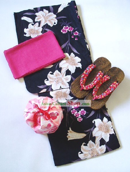 Kimono tradicional japonesa Lily Handbag e Geta Conjunto completo