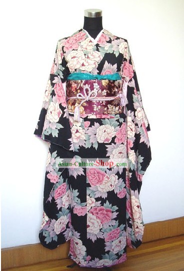 Traditional Japanese Peony Kimono Handbag and Geta Full Set