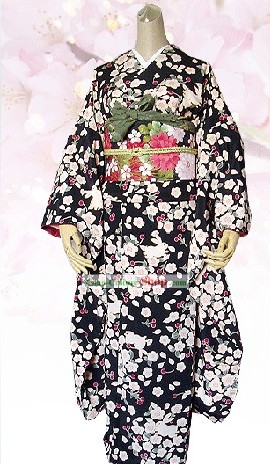 Supremo seda japonesa florido Handbag Attire Kimono e Geta Conjunto completo