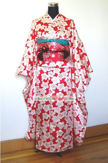 Tradicional ameixa japonesa Handbag Kimono Blossom e Geta Conjunto completo