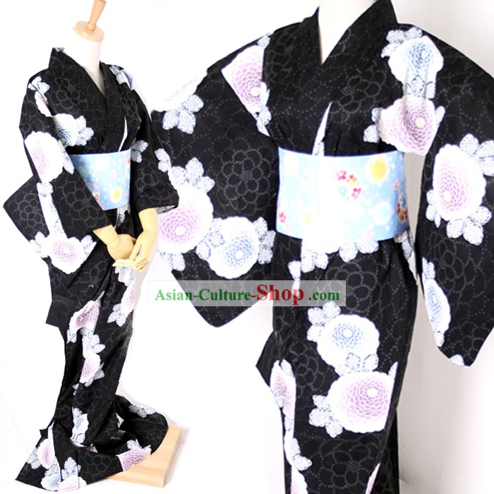 Traditional Japanese Black Kimono and Belt Full Set