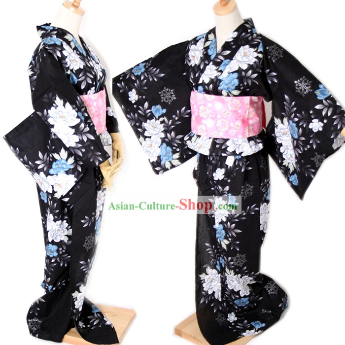 Traditional Japanese Black Kimono and Belt Full Set