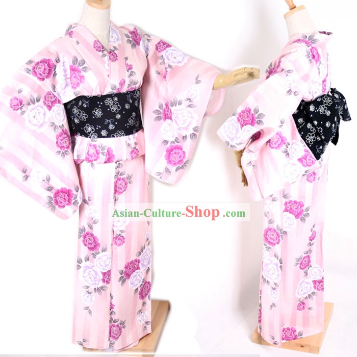Kimono tradicional japonesa florido rosa e Belt Conjunto completo