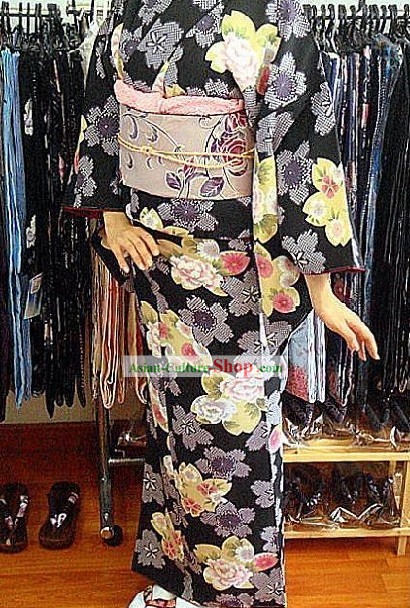 Traditional Japanese Peony Kimono and Belt Full Set