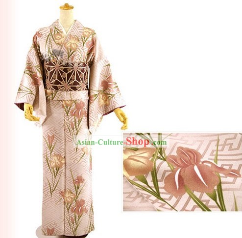 Kimono tradicional japonesa Lily Pink e Belt Conjunto completo