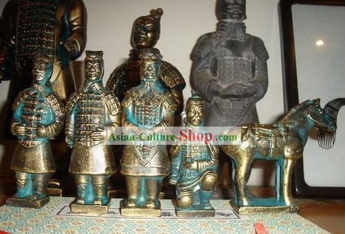 4 Inches Chinese Terra Cotta Warriors 5 Pieces Brass Statues Set