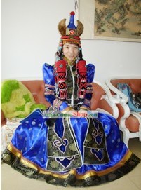 Traditional Mongolian Long Robe and Fur Hat Complete Set