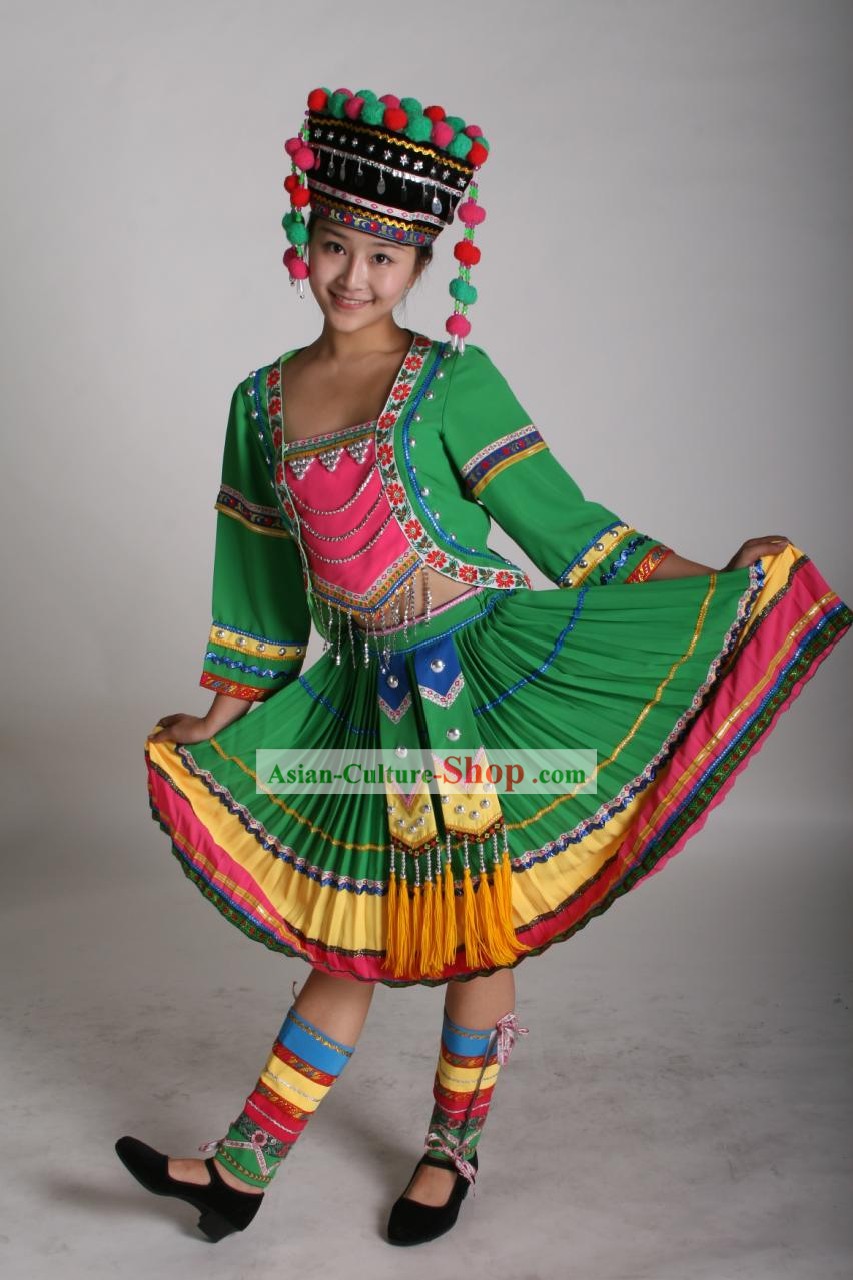 Chinese Traditional Minority Dance Costumes and Hat Complete Set