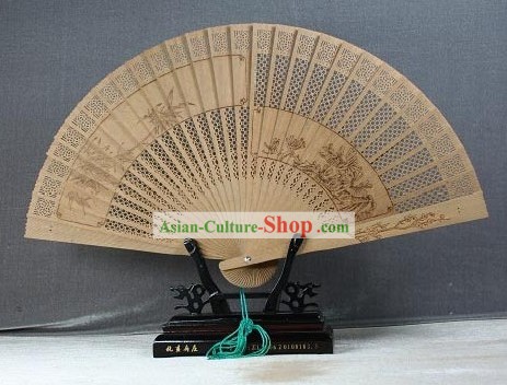 Supremo chinês Fan Sandalwood Tradicional - Flor de Ameixa e bambu