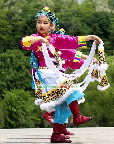 Chinese Traditional Tibetan Kids Dance Costumes Complete Set